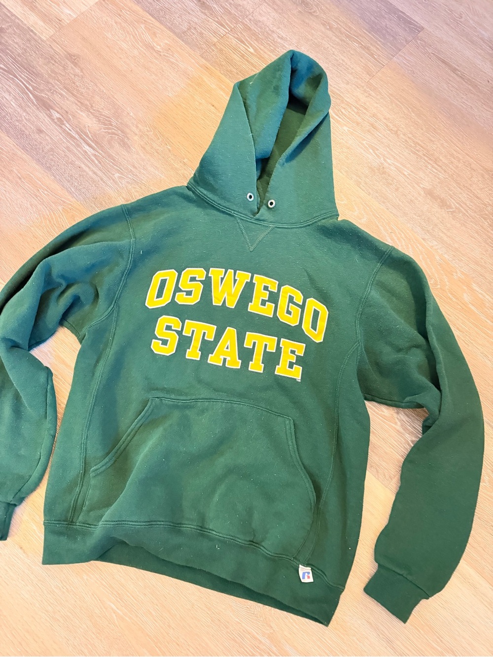 Russell Athletic Green Crewneck Hoodie with Yellow Lettering
